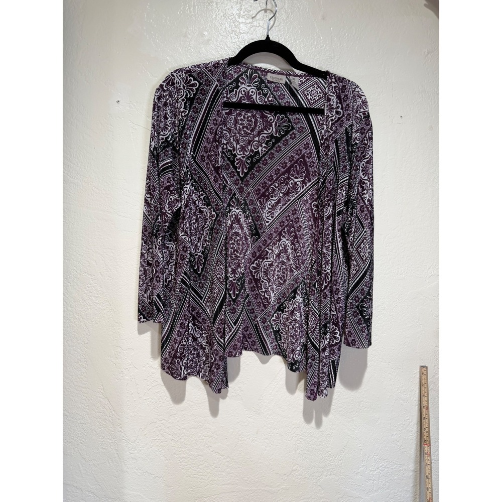 Easywear by Chico's Purple Paisley Pleated Open Front Cardigan Size 2